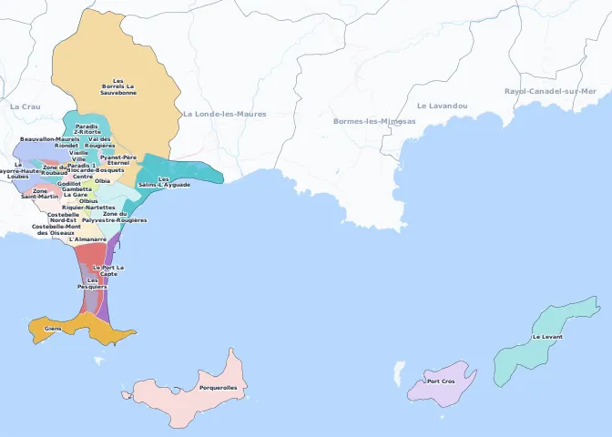 Carte des arrondissements et quartiers de Hyères