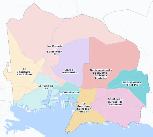 Carte des arrondissements et quartiers de Toulon