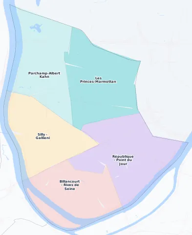 Carte des arrondissements et quartiers de Boulogne-Billancourt