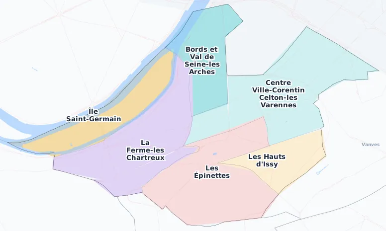 Carte des arrondissements et quartiers de Issy-les-Moulineaux