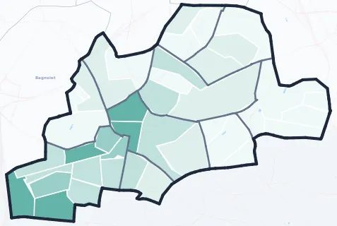 Carte de densité d'emplois salariés estimés de Montreuil