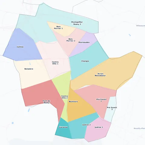 Carte des arrondissements et quartiers de Rosny-sous-Bois