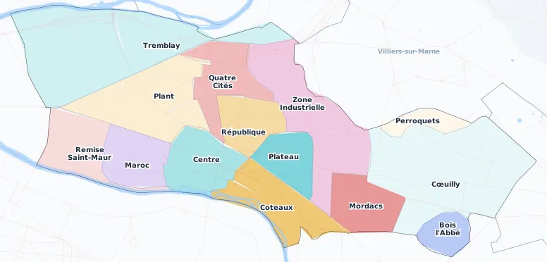 Carte des arrondissements et quartiers de Champigny-sur-Marne